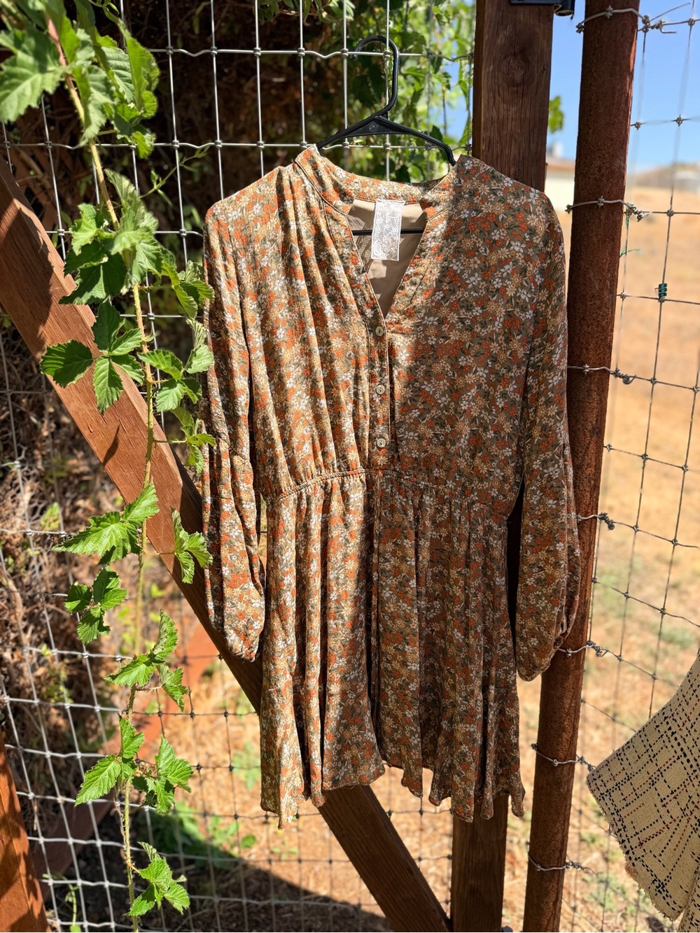 Floral Long Sleeve Rust & Green Dress